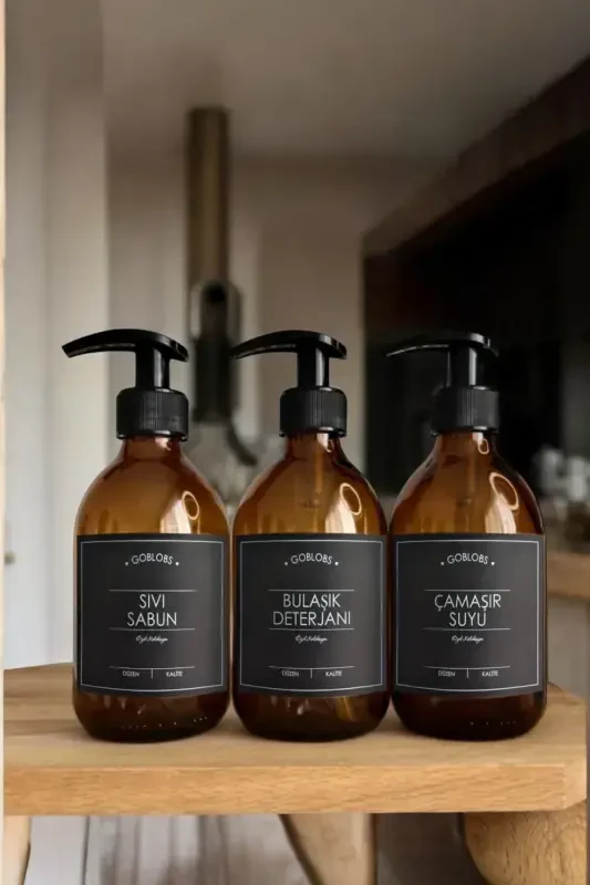 3-Piece Set 300ml Black Labeled Amber Bottle Liquid Soap & Dish Soap & Bleach-black(liquid soap dish soap bleach) - GO BLOBS