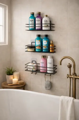 3-Piece Set Adhesive 4-Hook Stainless Steel Bathroom Shelf Matte Black Bathroom Shampoo Holder Shower Caddy Shower Hanger - 1