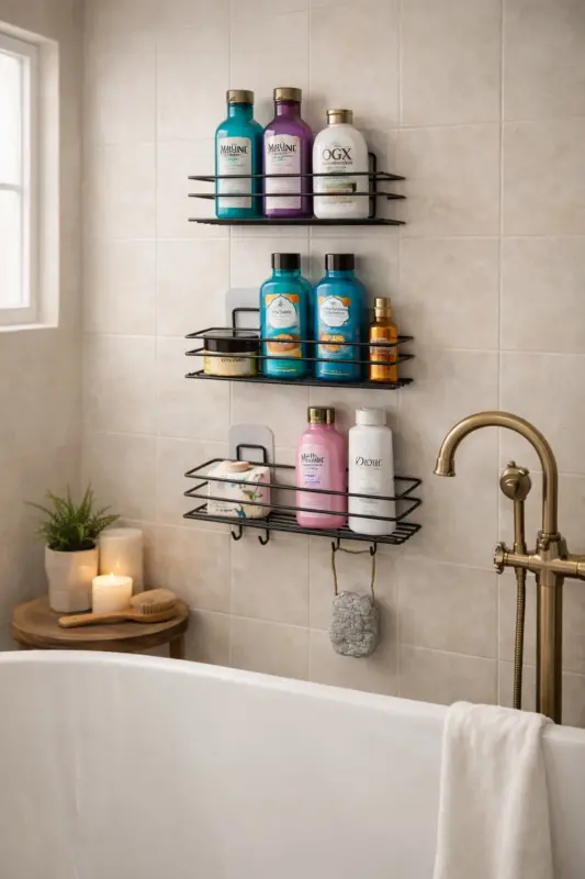 3-Piece Set Adhesive 4-Hook Stainless Steel Bathroom Shelf Matte Black Bathroom Shampoo Holder Shower Caddy Shower Hanger - KARTEYA