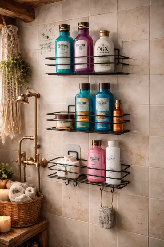 3-Piece Set Adhesive 4-Hook Stainless Steel Bathroom Shelf Matte Black Bathroom Shampoo Holder Shower Caddy Shower Hanger - 3