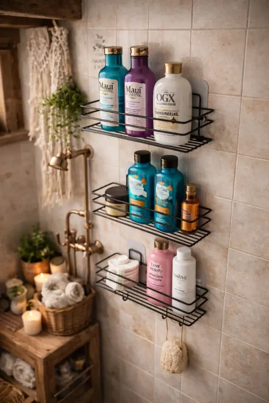 3-Piece Set Adhesive 4-Hook Stainless Steel Bathroom Shelf Matte Black Bathroom Shampoo Holder Shower Caddy Shower Hanger - 4