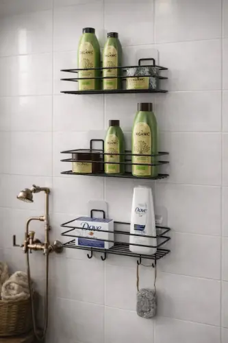 3-Piece Set Adhesive 4-Hook Stainless Steel Bathroom Shelf Matte Black Bathroom Shampoo Holder Shower Caddy Shower Hanger - 5