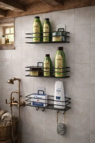 3-Piece Set Adhesive 4-Hook Stainless Steel Bathroom Shelf Matte Black Bathroom Shampoo Holder Shower Caddy Shower Hanger - 6