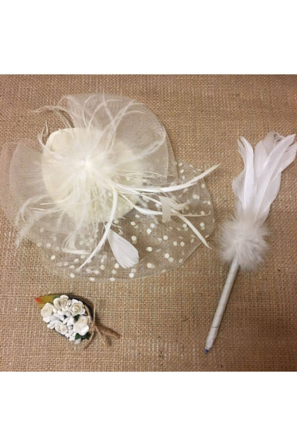 3 Piece Set Ecru Polka Dot Bridal Hat Wedding Veil Groom Lapel Flower And Feathered Pen - 2