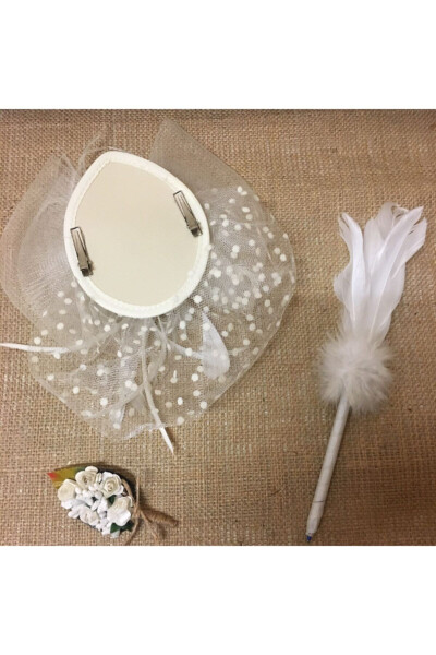 3 Piece Set Ecru Polka Dot Bridal Hat Wedding Veil Groom Lapel Flower And Feathered Pen - 4