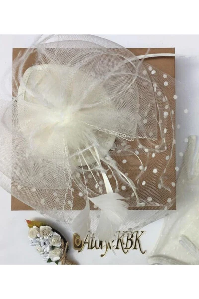 3 Piece Set Ecru Polka Dot Bridal Hat Wedding Veil Groom Lapel Flower And Feathered Pen - Modazone