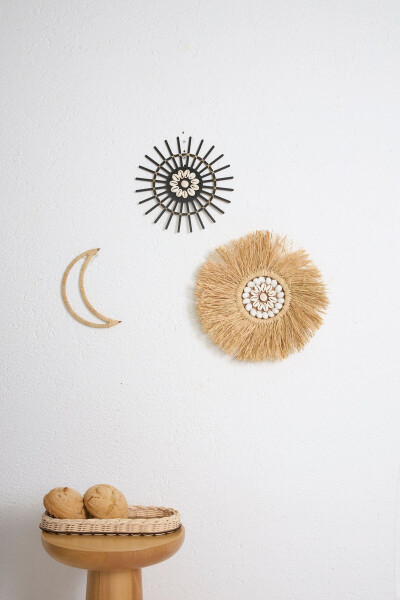 3-Piece Set Raffia Seashell Model & Black Rattan Stick Seashell & Raffia Moon M091 - MAISON AVF