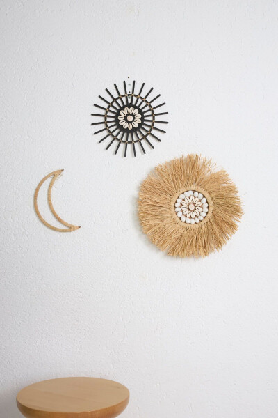 3-Piece Set Raffia Seashell Model & Black Rattan Stick Seashell & Raffia Moon M091 - MAISON AVF (1)