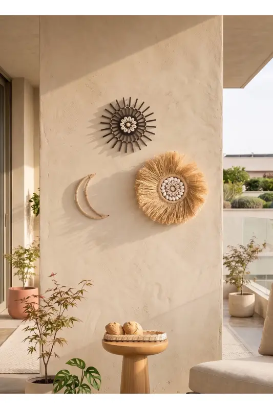 3-Piece Set Raffia Seashell Model & Black Rattan Stick Seashell & Raffia Moon M091 - 1
