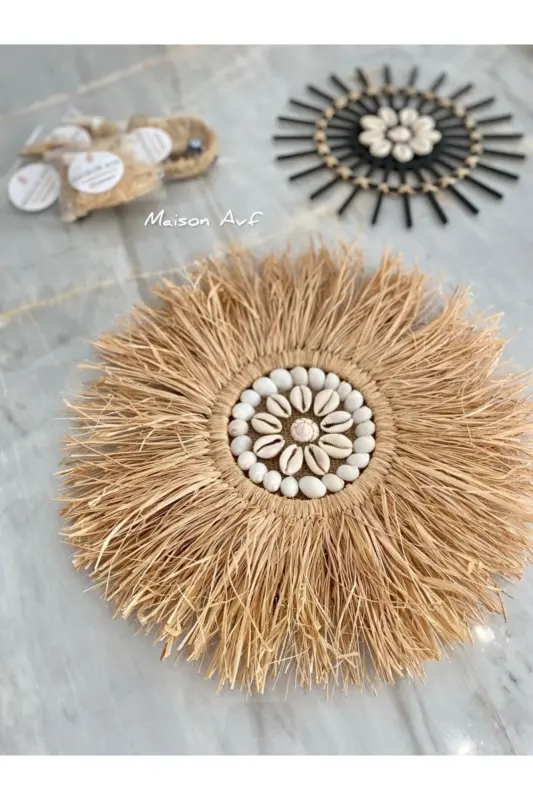 3-Piece Set Raffia Seashell Model & Black Rattan Stick Seashell & Raffia Moon M091 - 5