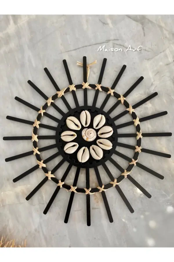 3-Piece Set Raffia Seashell Model & Black Rattan Stick Seashell & Raffia Moon M091 - 16