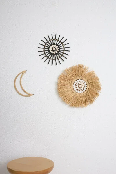 3-Piece Set Raffia Seashell Model & Black Rattan Stick Seashell & Raffia Moon M091 - Modazone (1)