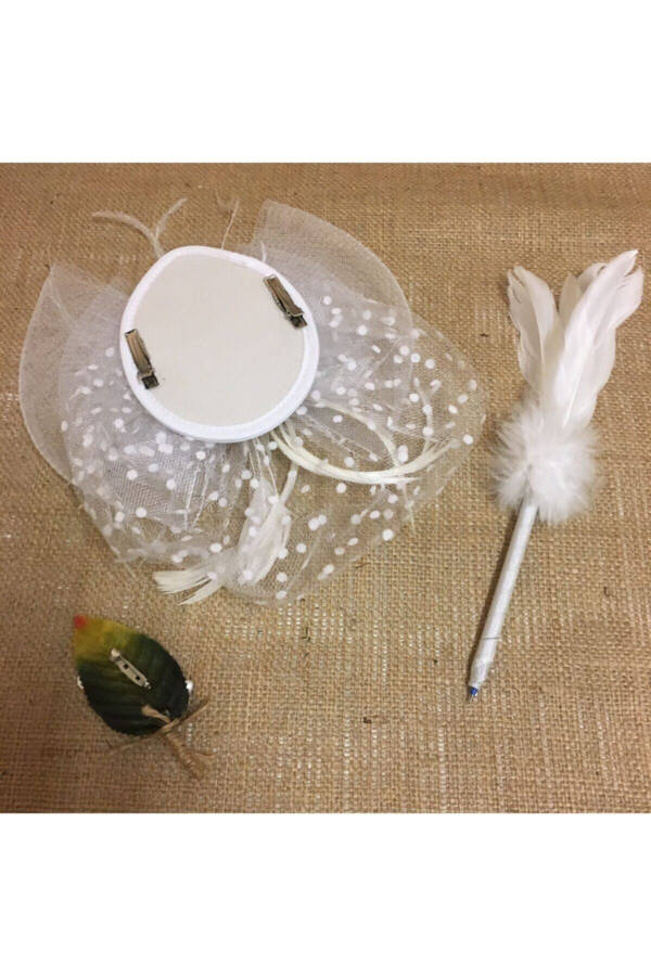 3 Piece Set White Dotted Pearl Bridal Hat Wedding Hat Veil Groom Boutonniere And Feathered Pen - 4