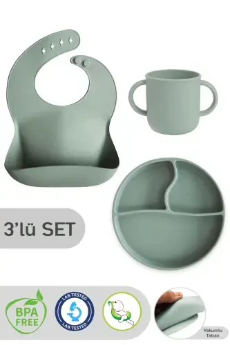 3-Piece Silicone Feeding Set - Silicone Bib, Suction Plate, Handled Cup - Green - 1
