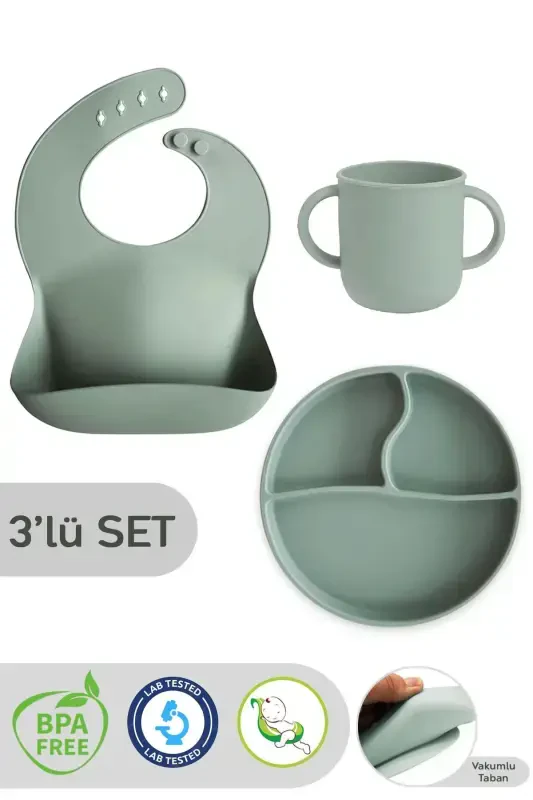 3-Piece Silicone Feeding Set - Silicone Bib, Suction Plate, Handled Cup - Green - MELENI BABY