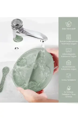 3-Piece Silicone Feeding Set - Silicone Bib, Suction Plate, Handled Cup - Green - 5