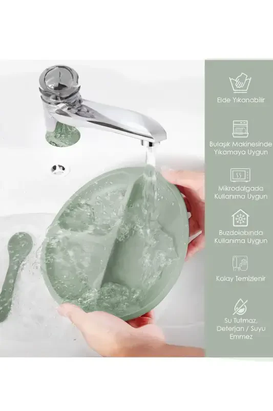 3-Piece Silicone Feeding Set - Silicone Bib, Suction Plate, Handled Cup - Green - 5