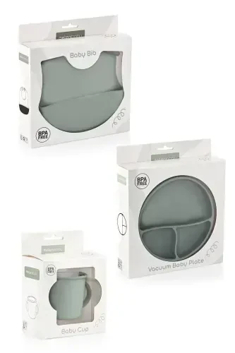 3-Piece Silicone Feeding Set - Silicone Bib, Suction Plate, Handled Cup - Green - 8