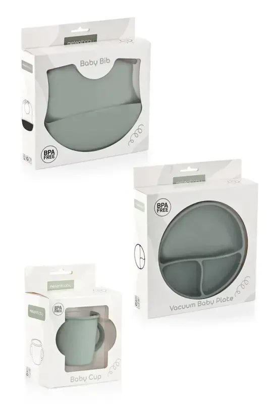 3-Piece Silicone Feeding Set - Silicone Bib, Suction Plate, Handled Cup - Green - 8