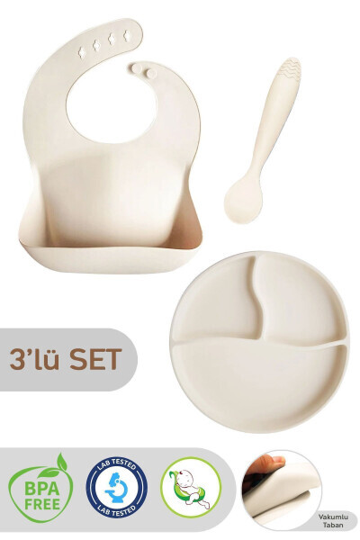 3-Piece Silicone Feeding Set - Silicone Bib, Suction Plate, Teething Spoon, Beige - MELENI BABY