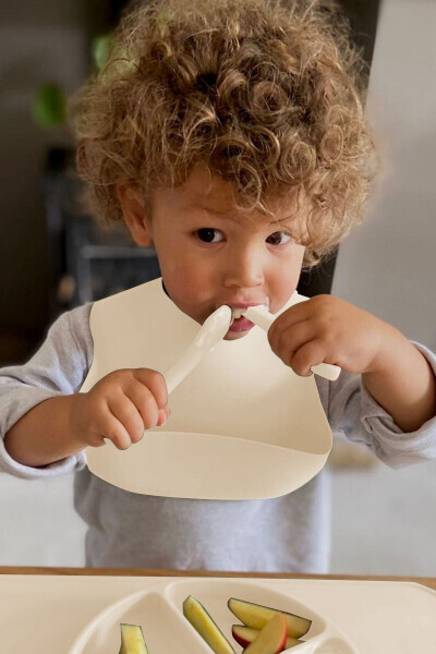 3-Piece Silicone Feeding Set - Silicone Bib, Suction Plate, Teething Spoon, Beige - 5