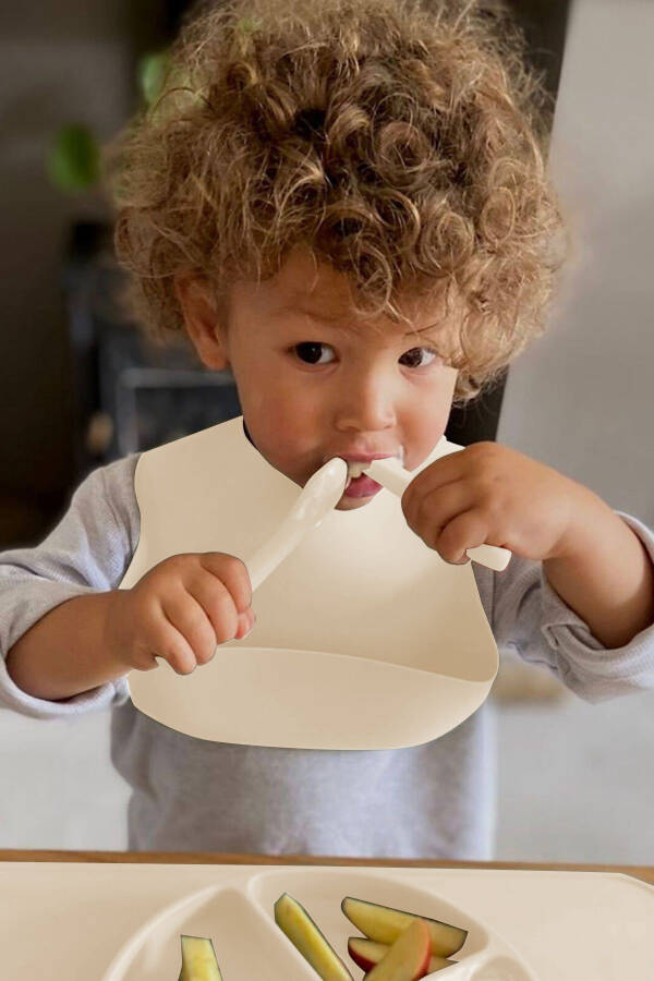 3-Piece Silicone Feeding Set - Silicone Bib, Suction Plate, Teething Spoon, Beige - 5