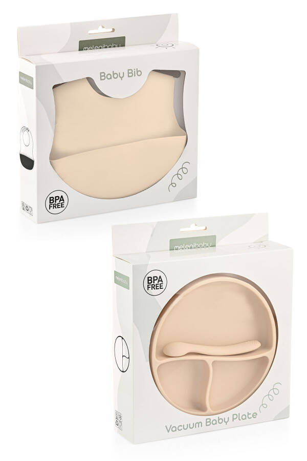 3-Piece Silicone Feeding Set - Silicone Bib, Suction Plate, Teething Spoon, Beige - 8