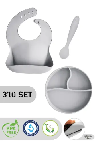 3-Piece Silicone Feeding Set - Silicone Bib, Suction Plate, Teething Spoon, Gray - 1