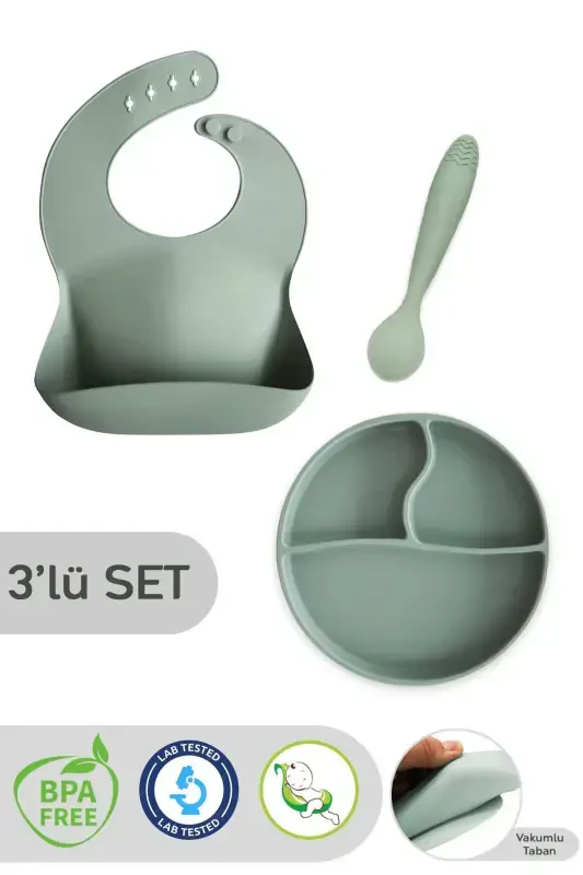 3-Piece Silicone Feeding Set - Silicone Bib, Suction Plate, Teething Spoon Green - 1