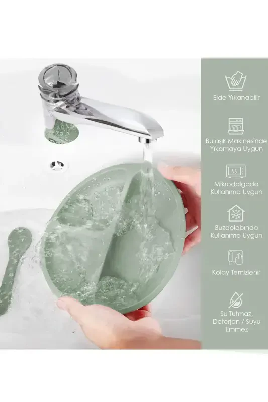 3-Piece Silicone Feeding Set - Silicone Bib, Suction Plate, Teething Spoon Green - 4