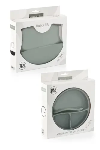 3-Piece Silicone Feeding Set - Silicone Bib, Suction Plate, Teething Spoon Green - 8