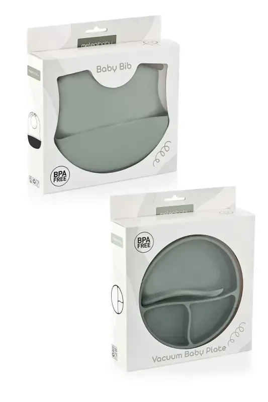 3-Piece Silicone Feeding Set - Silicone Bib, Suction Plate, Teething Spoon Green - 8