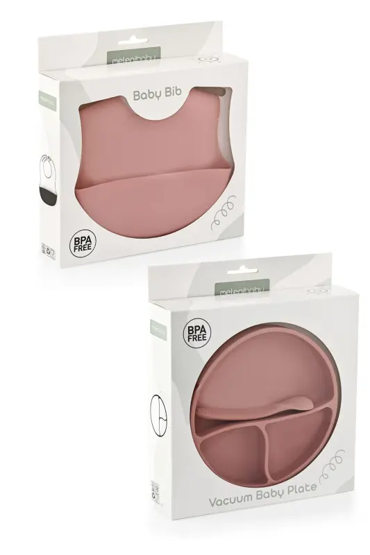 3-Piece Silicone Feeding Set -Silicone Bib, Suction Plate, Teething Spoon Pink - 2