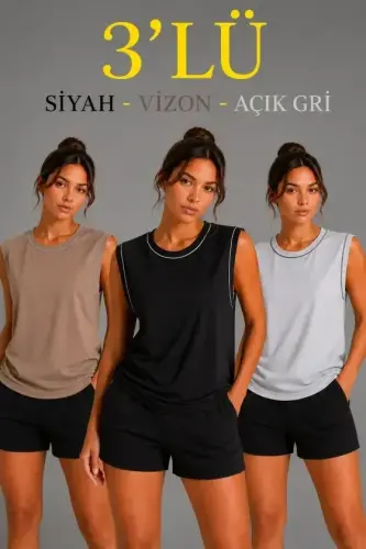 3-Piece Sleeveless Sports Tank Top Set Summer Crew Neck - Black, Brown, Grey - 1