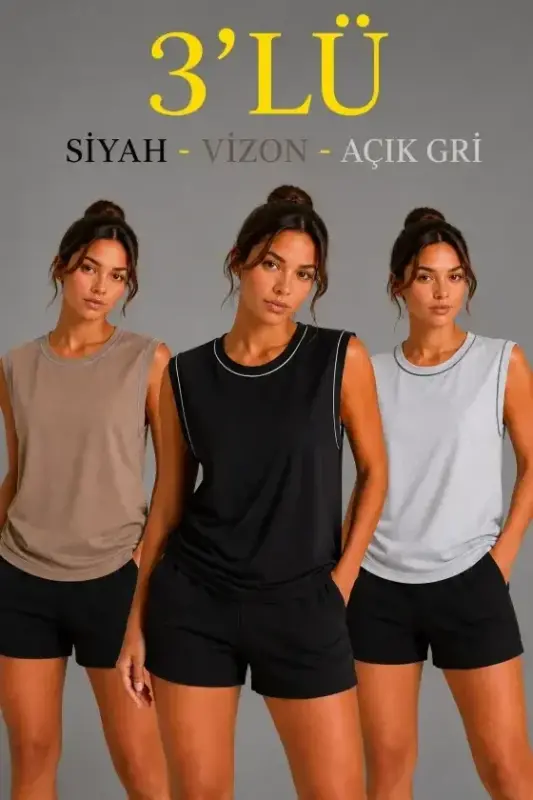 3-Piece Sleeveless Sports Tank Top Set Summer Crew Neck - Black, Brown, Grey - 1