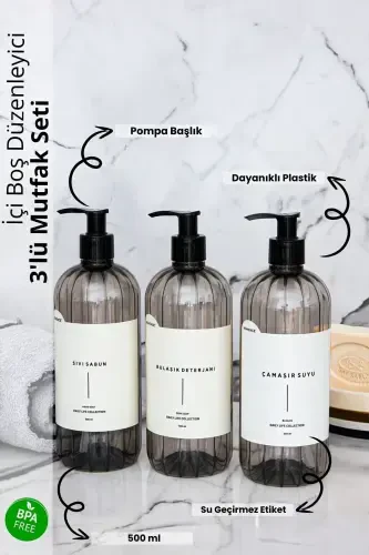 3-Piece Smoked Soap Dispenser Set 500ml Liquid Soap Dish Soap Bleach Labeled Plastic Bottle-SMOKE - 1