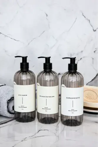3-Piece Smoked Soap Dispenser Set 500ml Liquid Soap Dish Soap Bleach Labeled Plastic Bottle-SMOKE - 3