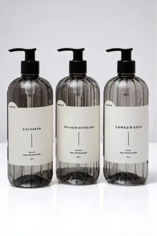 3-Piece Smoked Soap Dispenser Set 500ml Liquid Soap Dish Soap Bleach Labeled Plastic Bottle-SMOKE - 6