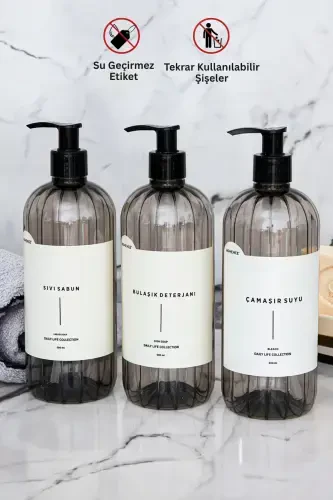 3-Piece Smoked Soap Dispenser Set 500ml Liquid Soap Dish Soap Bleach Labeled Plastic Bottle-SMOKE - 7