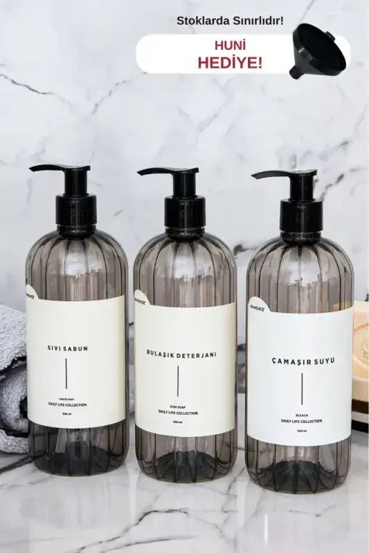 3-Piece Smoked Soap Dispenser Set 500ml Liquid Soap Dish Soap Bleach Labeled Plastic Bottle-SMOKE - 8