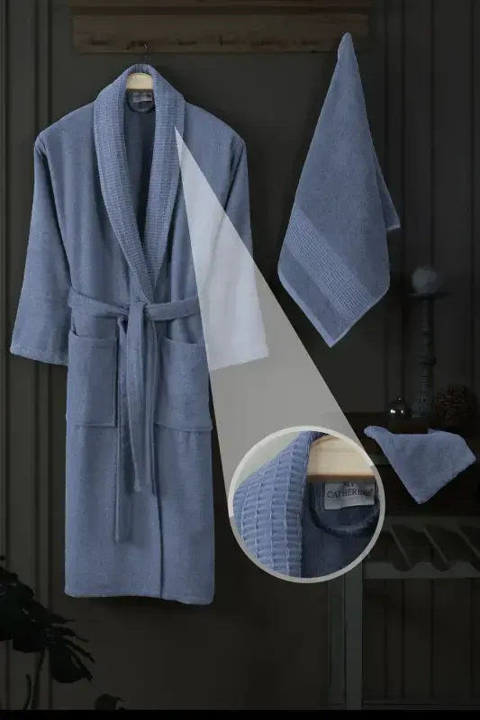 3-Piece Towel Bathrobe Set 100% Cotton | Quality Bathrobe Set | Softness and Absorbency-Indigo - MY CATHERINE