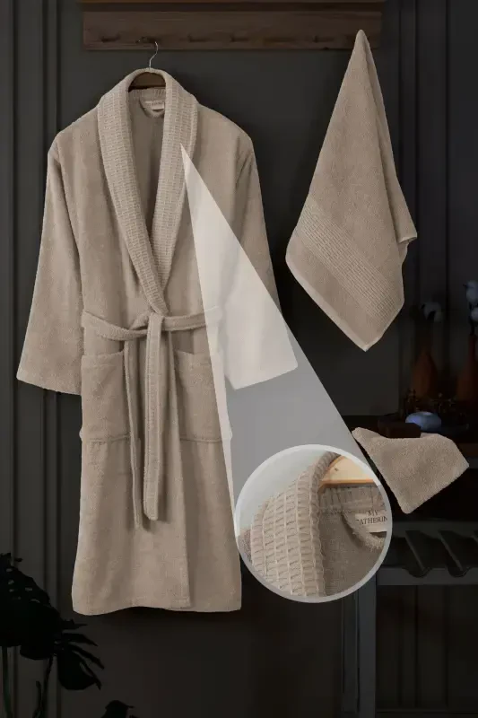 3-Piece Towel Bathrobe Set 100% Cotton | Quality Bathrobe Set | Softness and Absorbency-Stone - 1