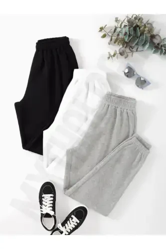 3-Piece Unprinted Jogger Sweatpants - Black White and Grey Elastic Hem High Waist Summer-Black White Grey - 1