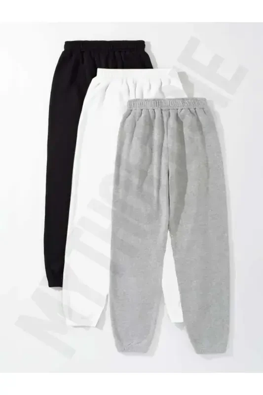 3-Piece Unprinted Jogger Sweatpants - Black White and Grey Elastic Hem High Waist Summer-Black White Grey - 2