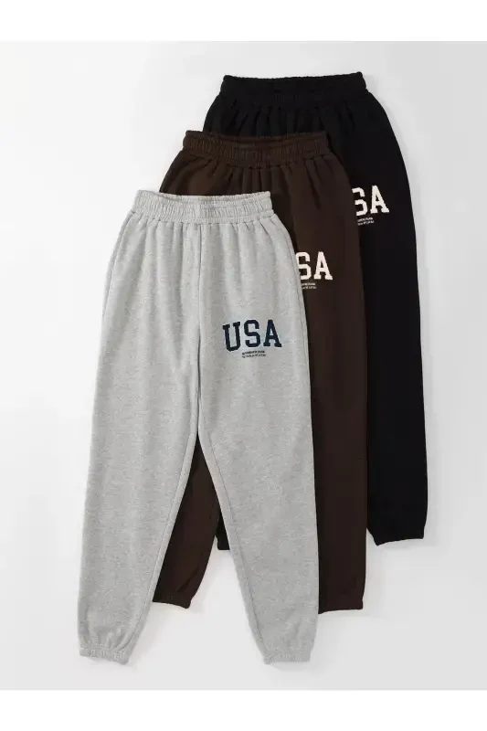 3-Piece USA Print Jogger Sweatpants - Black Gray And Brown Elastic Hem High Waist Summer-SKGUSA - 1