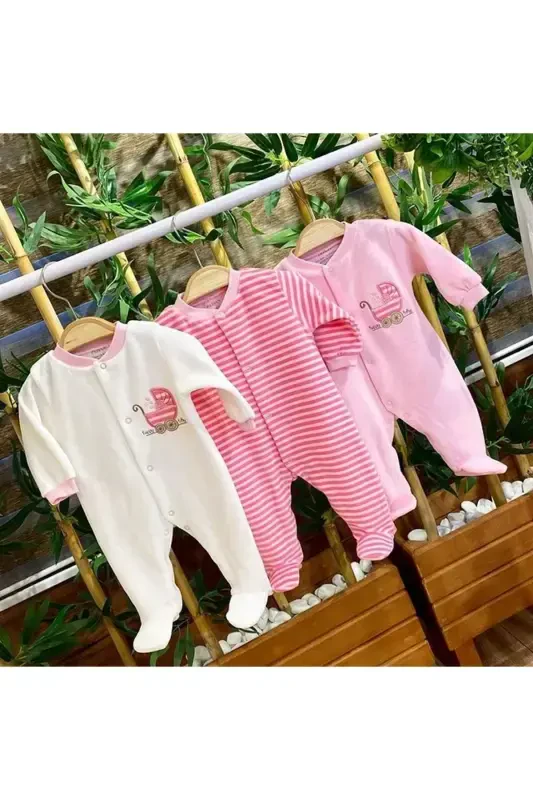 3-Piece Velvet Footed Newborn Baby Jumpsuit Set Striped-Pink - 1
