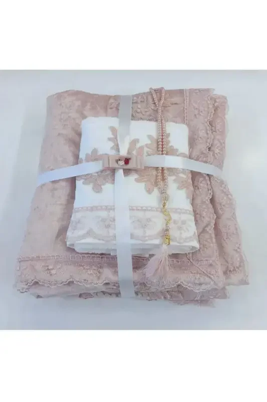 3-Piece Velvet Prayer Mat Towel Tasbih Set-pud - CEYIZIMDEKOR