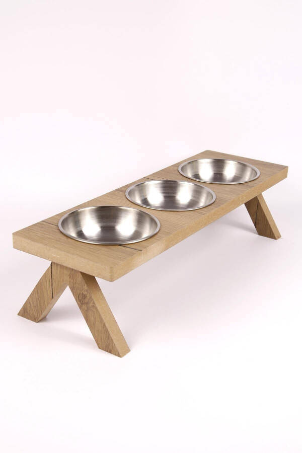 3-Piece Wooden Cat Dog Food Water Bowl Stand Metal Water Bottle Food Dish Stainless Steel Bowl Pet - 2