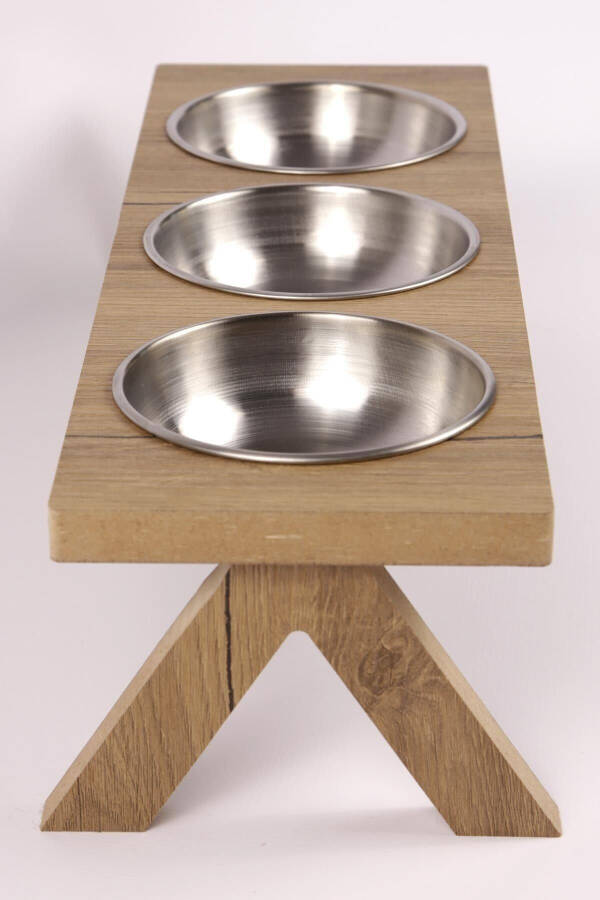 3-Piece Wooden Cat Dog Food Water Bowl Stand Metal Water Bottle Food Dish Stainless Steel Bowl Pet - 3