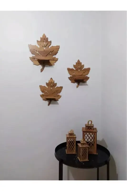 3-Piece Wooden Wall Decor Shelf with Maple Leaf Candle Holder - 3